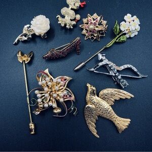 Vintage Brooch Bundle Of 9 Grannycore Floral Rhinestone Butterfly Bird Poodle
